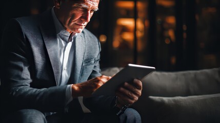 Senior businessman using tablet in dark office while sitting on sofa and working late at night