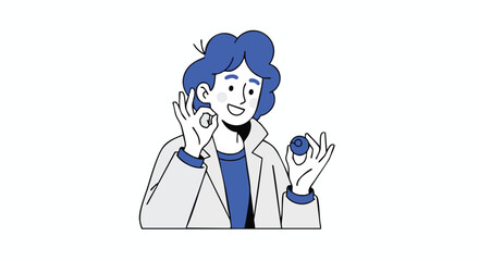 Confident scientist gives thumbs up holding small blue sphere, modern illustration