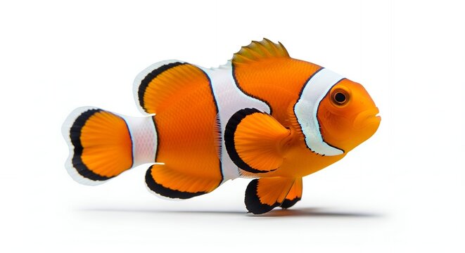 Ocellaris Clownfish, Tropical Fish, Aquarium Fish, Orange and White Fish, Underwater Animal, Marine Life, Isolated on White, Vivid Colors, Detailed Fin, Aquatic Creature, Wildlife Photography, Oc