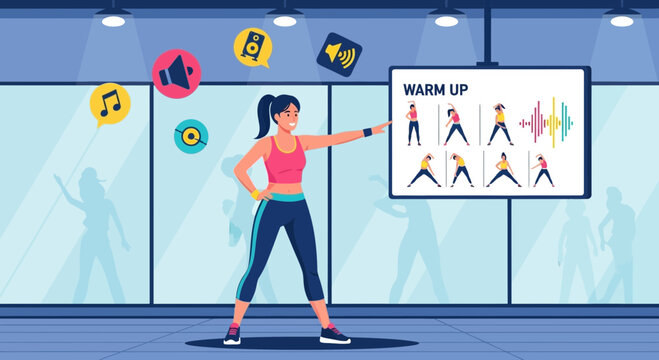 Animated fitness instructor leading a warm-up routine in a modern gym environment with musical