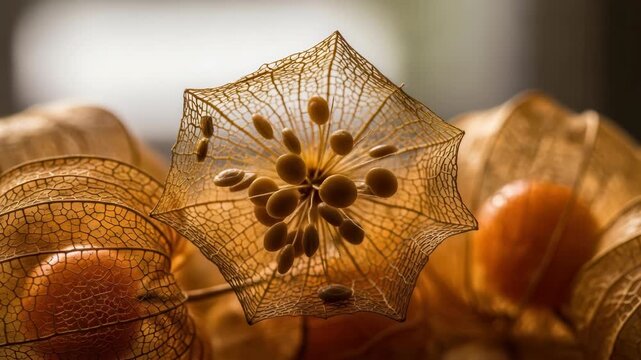 Intricate physalis husk detail showcasing delicate natural structure and autumnal color