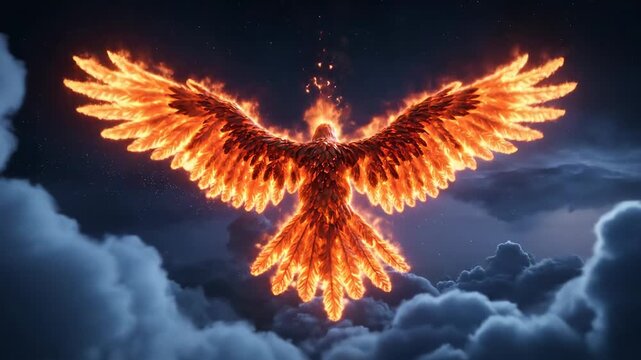 Fiery Phoenix soaring through the night sky with burning wings and majestic flames, symbolizing rebirth and power