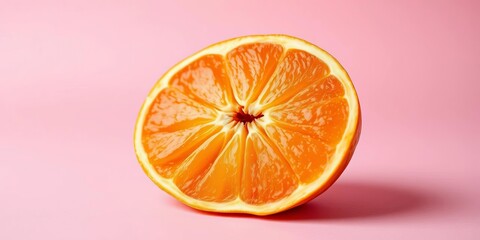 Fototapeta premium Half a juicy bergamot, segmented flesh visible, rests on a soft pink backdrop, image, aromatherapy