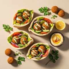 Delectable Falafel Pita: An appetizing overhead shot presents an array of falafel-filled pita pockets, a vibrant display of culinary delights, alongside side dishes of creamy hummus.