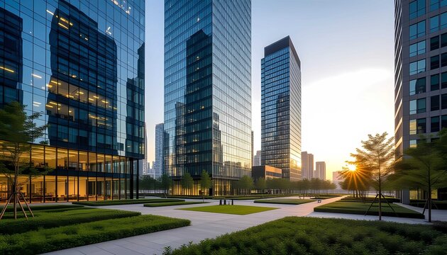 An elegant and professional shot of a contemporary corporate campus with sleek glass facades