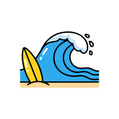 Cartoon sea wave crashing with surfboard standing on sand minimal vector icon for tropical holiday surfing adventure