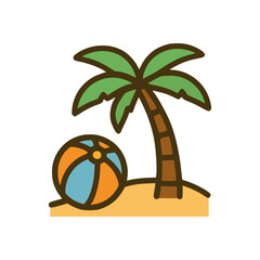 Summer beach scene with coconut palm and striped ball minimal flat vector design for holiday, travel, and tropical lifestyle