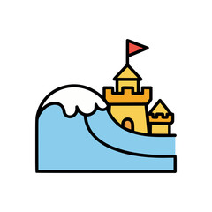 Cute vector beach design featuring ocean wave crashing near yellow sand castle with tower and flag minimal summer style