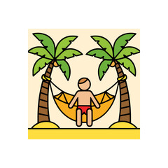 Minimal vector person sitting in hammock under coconut palm trees simple tropical vacation leisure flat design illustration
