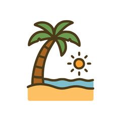 Summer seaside landscape with palm, blue sea, and warm sunshine cute vector design for tropical vacation and travel theme
