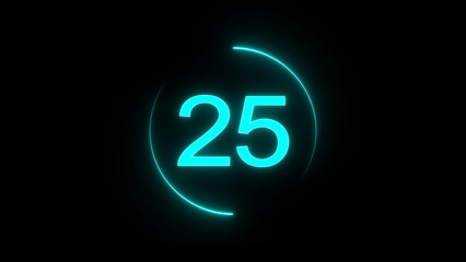 A dynamic circular animation, and glowing neon number 25 animation . on a black background. and creating a stunning video.4k video	
