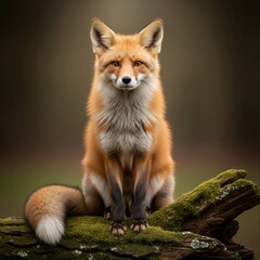 Fototapeta premium Red Fox Sitting on Mossy Log, Wildlife Photography, Nature Image