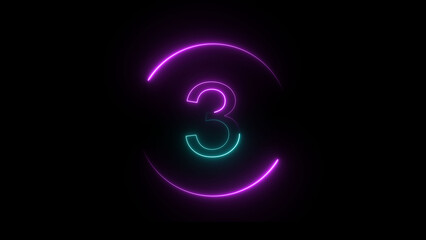 A dynamic circular animation, and glowing neon number 3 animation . on a black background. and creating a stunning video.4k video	
