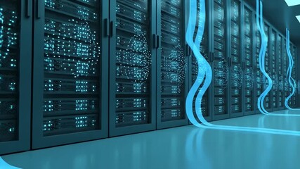 Dynamic data flow visualized through glowing blue streams in a modern server room - Powered by Adobe