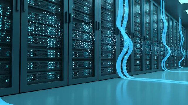 Dynamic data flow visualized through glowing blue streams in a modern server room - Powered by Adobe