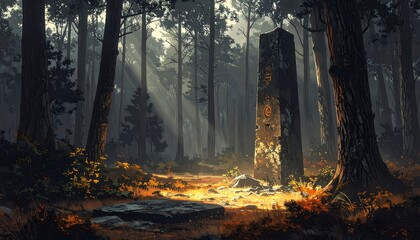 Fototapeta premium Mystical stone monument shrouded in dense forest with ethereal lighting