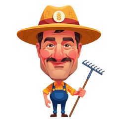 Cheerful cartoon farmer mascot with a mustache wearing a straw hat and overalls, holding a rake. Isolated vector illustration of an agricultural worker