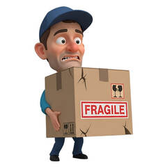Worried delivery man struggling to carry a heavy and damaged fragile cardboard box on an isolated white background
