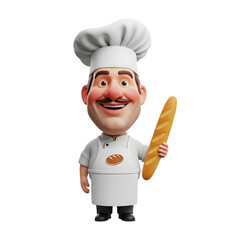 Cartoon chef character holding a long loaf of bread, smiling happily.