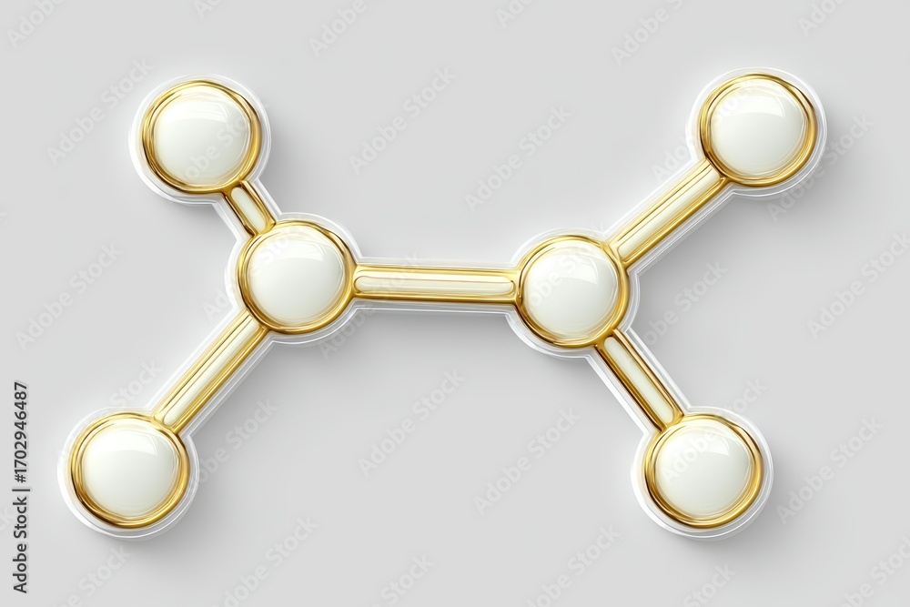 Poster artistic representation of a molecular structure with golden and white spheres communicating the ess