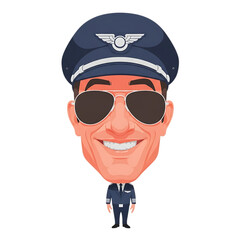 Cartoon Pilot Illustration Smiling Aviator in Uniform and Sunglasses