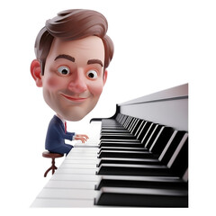 A cartoon man with a large head playing a piano, smiling with joy.
