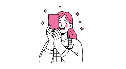 Joyful woman captures a radiant selfie with her smartphone, surrounded by sparkling stars