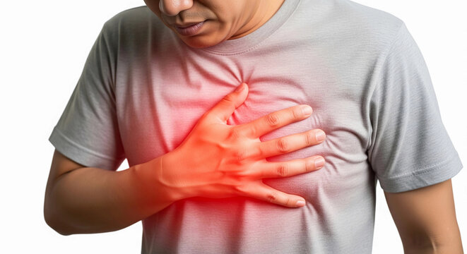 Man clutches his chest in pain, symbolizing heart attack symptoms, chest pain, and health issues. Ideal for medical, healthcare, and wellness content.
