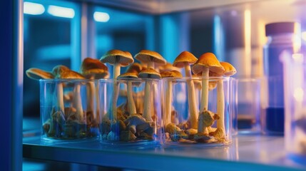 Medical mushroom samples in sterile glass petri dishes, illuminated under soft laboratory lights, modern lab background.