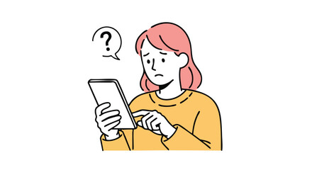 Confused woman with pink hair looking at tablet screen with question mark above, seeking answers online