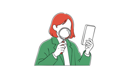 Woman using a magnifying glass to inspect phone, searching and researching online content