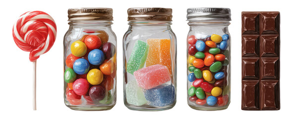 Colorful Candy Collection in Glass Jars with a Lollipop and Chocolate Bar