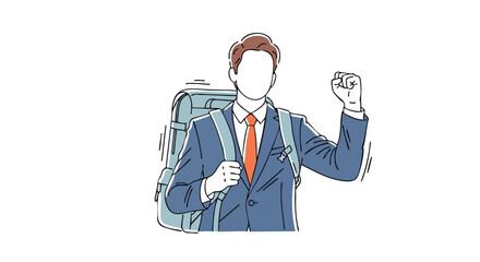 Determined businessman with backpack raises fist in triumph, celebrating career growth and success