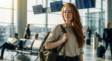A thoughtful woman with a backpack waiting at a busy airport terminal. This image is perfect for themes of travel, adventure, and new beginnings. Ideal for depicting a solo journey or a long-awaited t