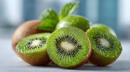 Bright and clean photograph of several fresh kiwis, some whole and some sliced in half, arranged on a white tabletop with a modern blurred view.