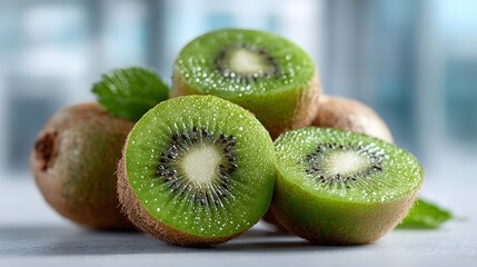 Bright and clean photograph of several fresh kiwis, some whole and some sliced in half, arranged on a white tabletop with a modern blurred view.