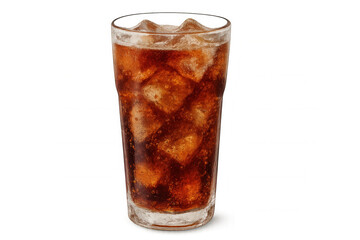 Cold cola beverage sparkling with ice cubes, transparent surface highlighting chilled refreshment