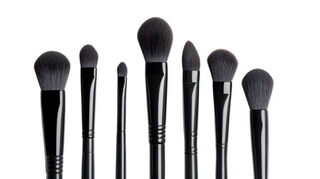 Selection of black makeup brushes isolated on transparent background, essential tools for flawless beauty application