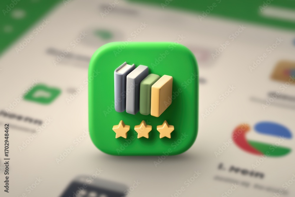 Poster engaging mobile application icon depicting stacked books along with star ratings against a blurred i
