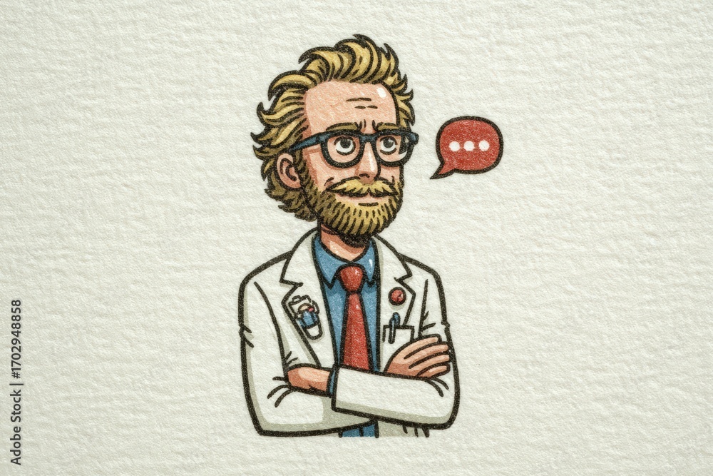 Poster expert scientist embodying intellectual curiosity with a thoughtful expression while wearing spectac