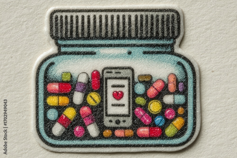 Poster Captivating visual of a transparent jar filled with colorful capsules juxtaposed with a smartphone screen displaying a heart symbol representing health technology and emotional connectivity in