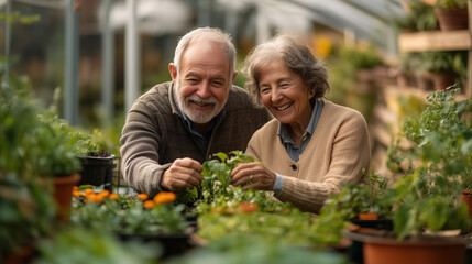 Joyful elderly couple gardening in greenhouse, warm sunlight, positive retirement lifestyle