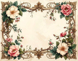 Beautifully illustrated vintage frame with intricate gold scrollwork, adorned with delicate pink and cream flowers for a romantic and elegant design