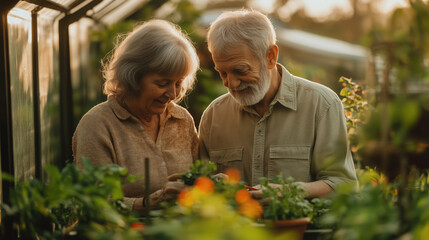 Joyful elderly couple gardening in greenhouse, warm sunlight, positive retirement lifestyle