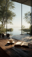 a minimalist villa interior with beautiful lake