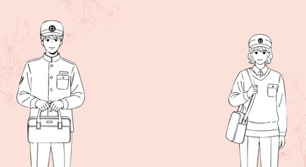 Smiling students in uniform with bags, ready for school on a floral background