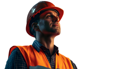 Construction worker in orange hard hat looking up isolated on transparent background