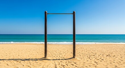 Empty Beach Gym Equipment Under a Clear Sky.