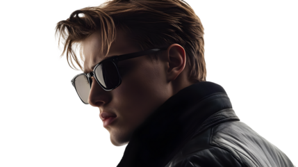 Handsome man with sunglasses looking down isolated on transparent background with a jacket and a shirt
