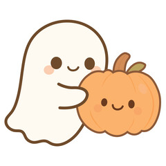 Adorable Kawaii Halloween Ghost Hugging a Cute Pumpkin Vector Illustration – Spooky Cartoon Character Design